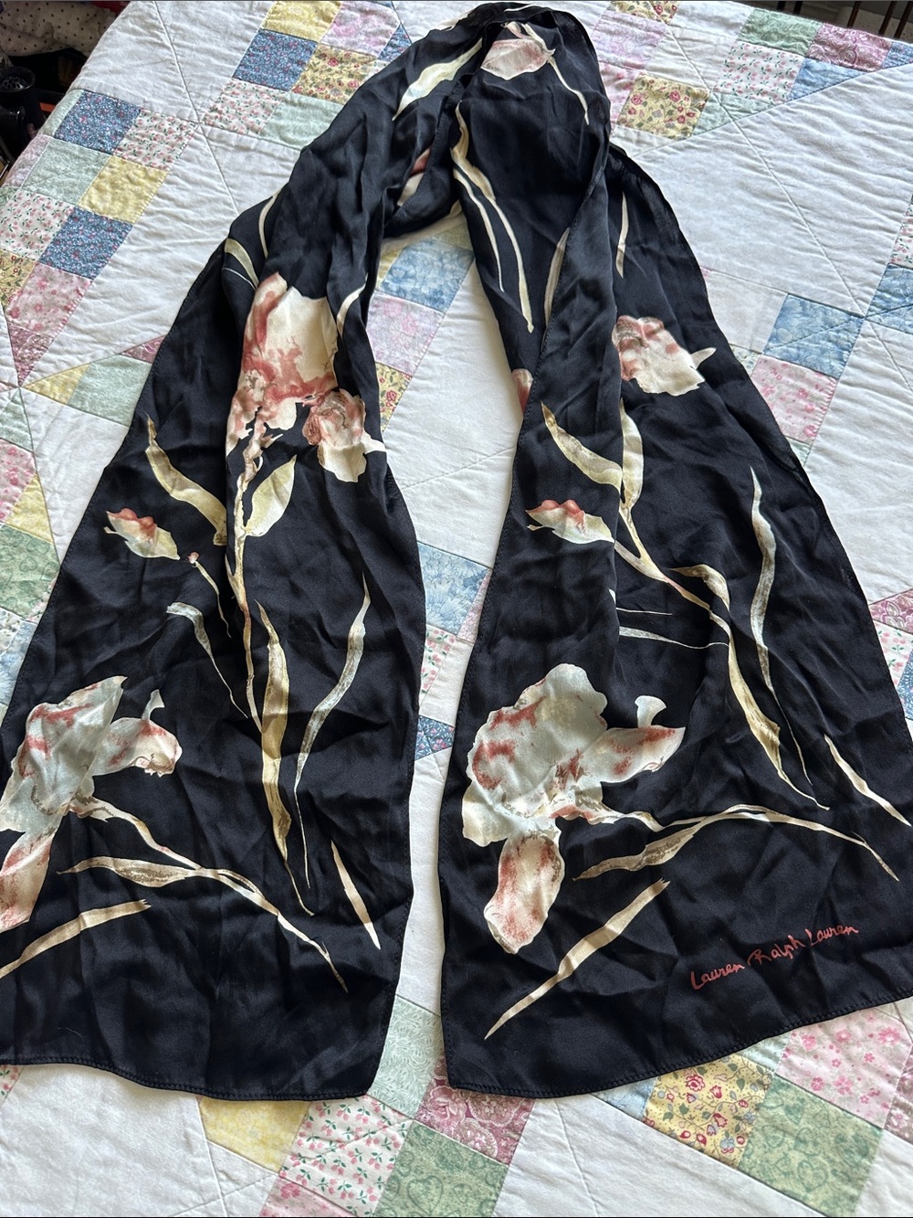 X—Lauren Ralph Lauren Black Scarf with Cream Floral Accents and Red Script